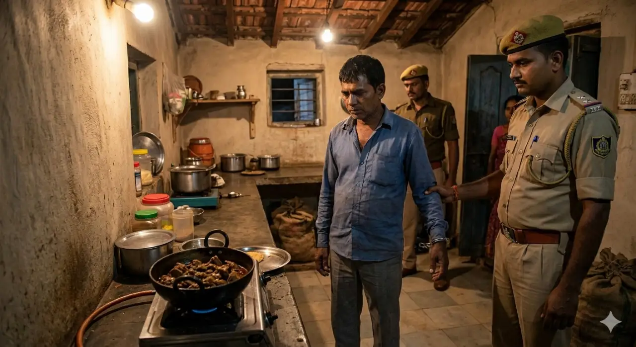 हिरण के पका हुआ मांस के साथ गिरफ्तार व्यक्ति (Ai)