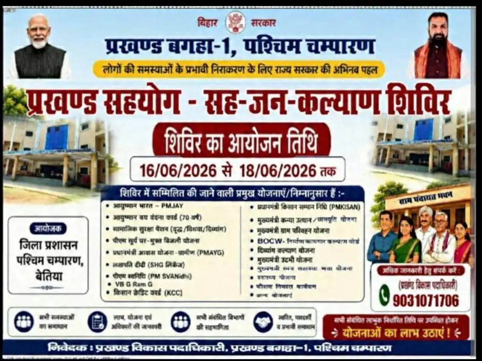 प्रखड बगहा एक व दो में 16 से 18 जन तक जन कल्याण शिविरः आयूष्मान, पेंशन आवास. लखपति दीदी समेत विभिन्न विभाग के योजनाओं का एक छत के नीचे लाभ।