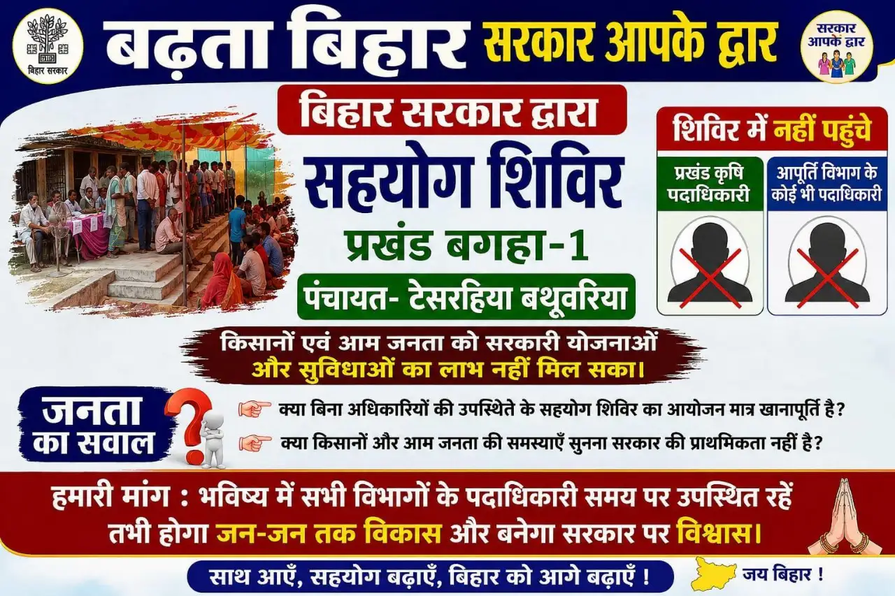 बगहा: सहयोग शिविर में नहीं पहुंचे कृषी पदाधिकारी और आपूर्ति पदाधिकारी, आवेदन करता लोटे खाली हाथ